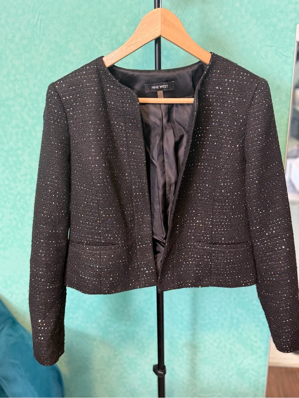 ✨🖤Vintage Nine West Black Tweed Collarless Sparkle Blazer